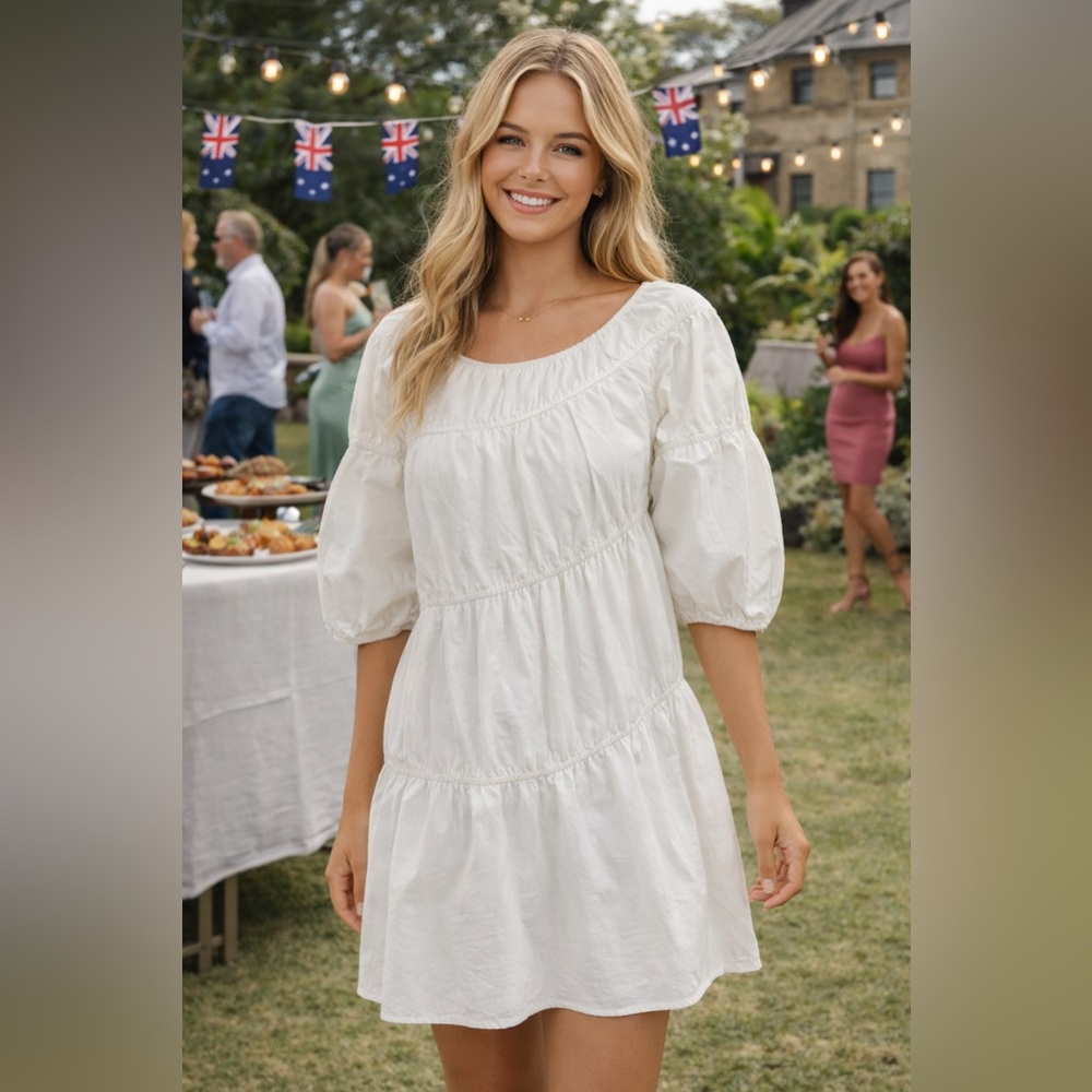 SABO Dress White Puff Sleeves Cotton Womens Sz 8 Cottagecore Coastal Cowgirl